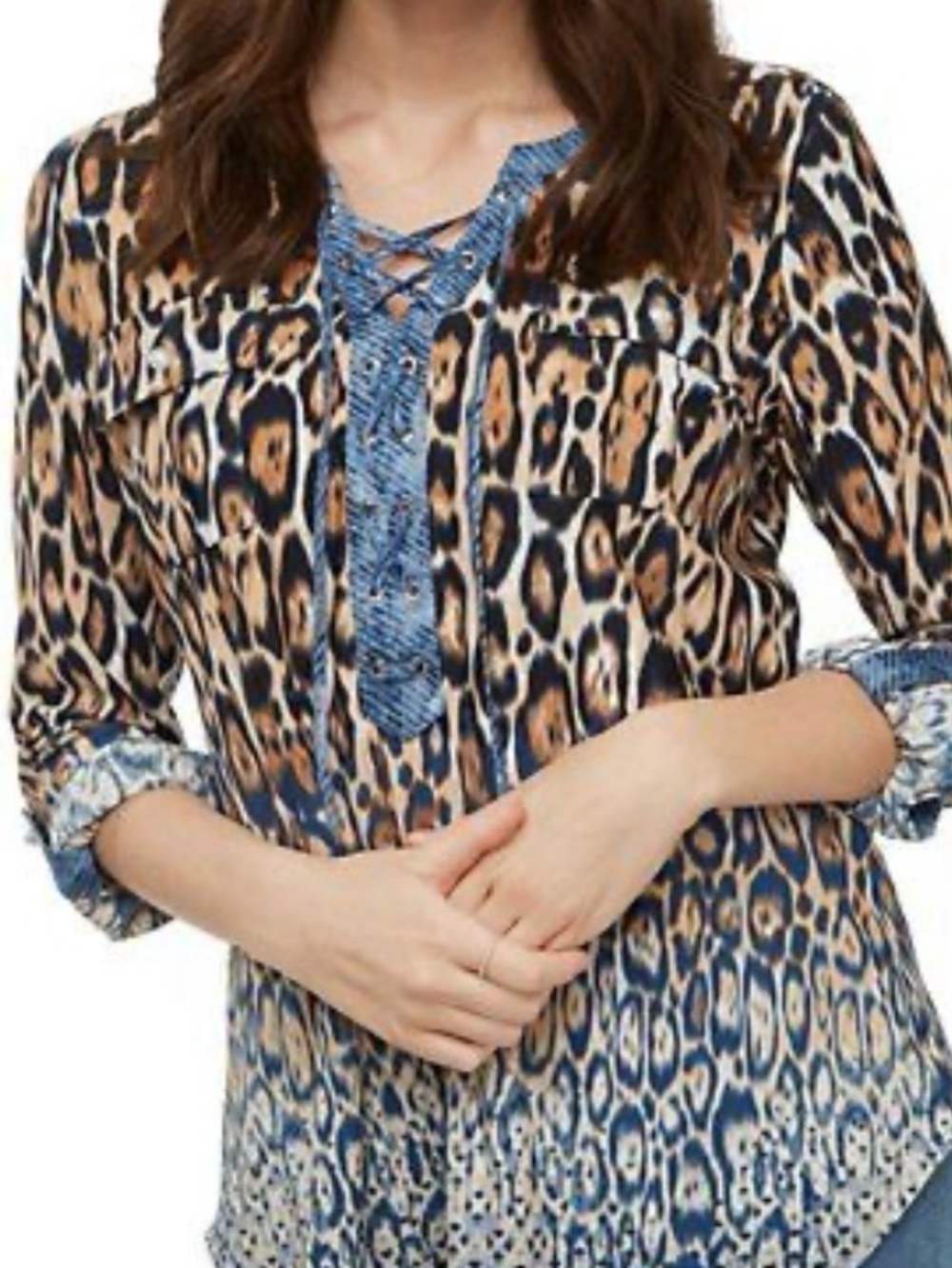 Peter Nygard Leopard Print Tunic in Blue, Tan and Black - Picture 2 of 10